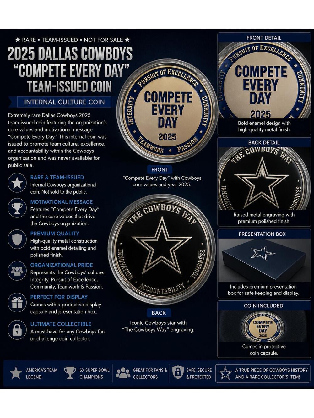 Rare 2025 Dallas Cowboys “Compete Every Day” Team-Issued–Culture Challenge Coin